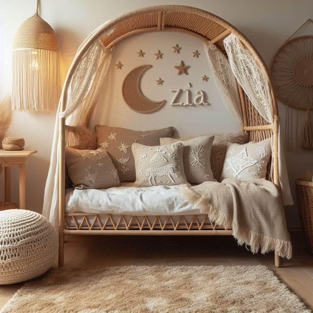 Une chambre de petite fille qui se nomme zia avec un lit cabane en rotin un tapis en laine moelleuse style boheme chic une deco douce et naturelle des coussins en lin brode