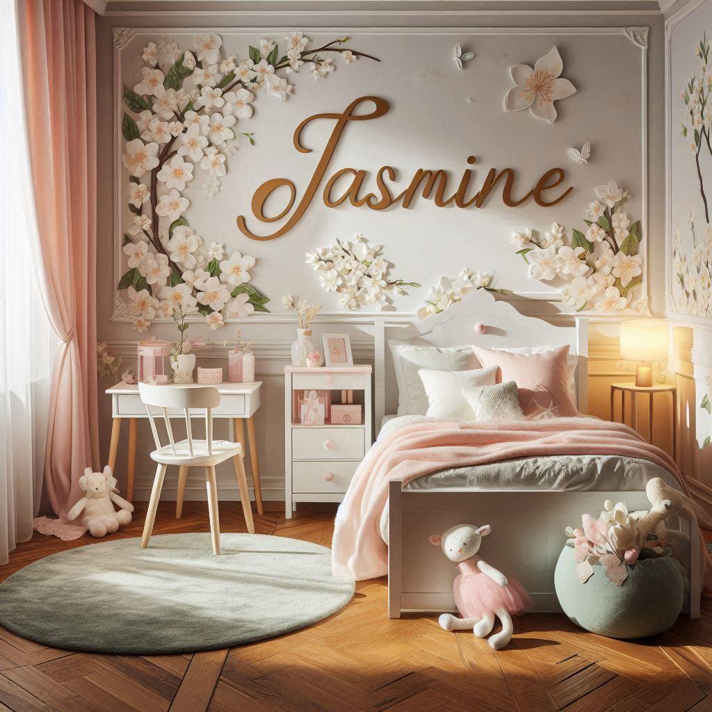 Une chambre de petite fille sur le theme de jasmine avec son prenom jasmine ecrit en decoration sur le mur 1