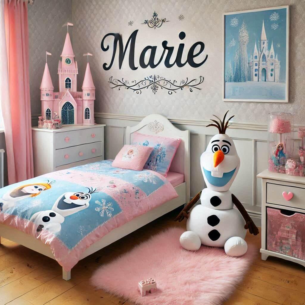 Une chambre de petite fille sur le theme de la reine des neiges avec son prenom marie