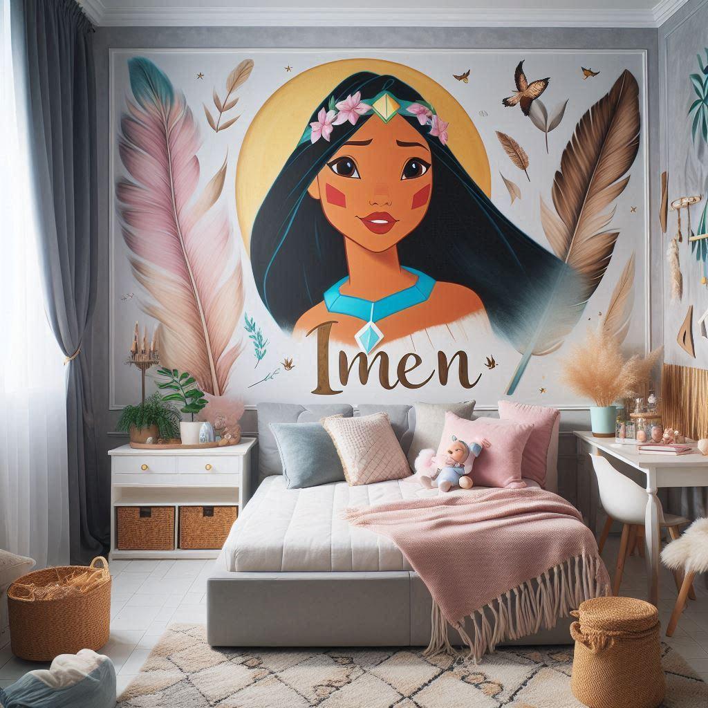 Une chambre de petite fille sur le theme de pocahontas avec son prenom imen ecrit en decoration sur le mur 2