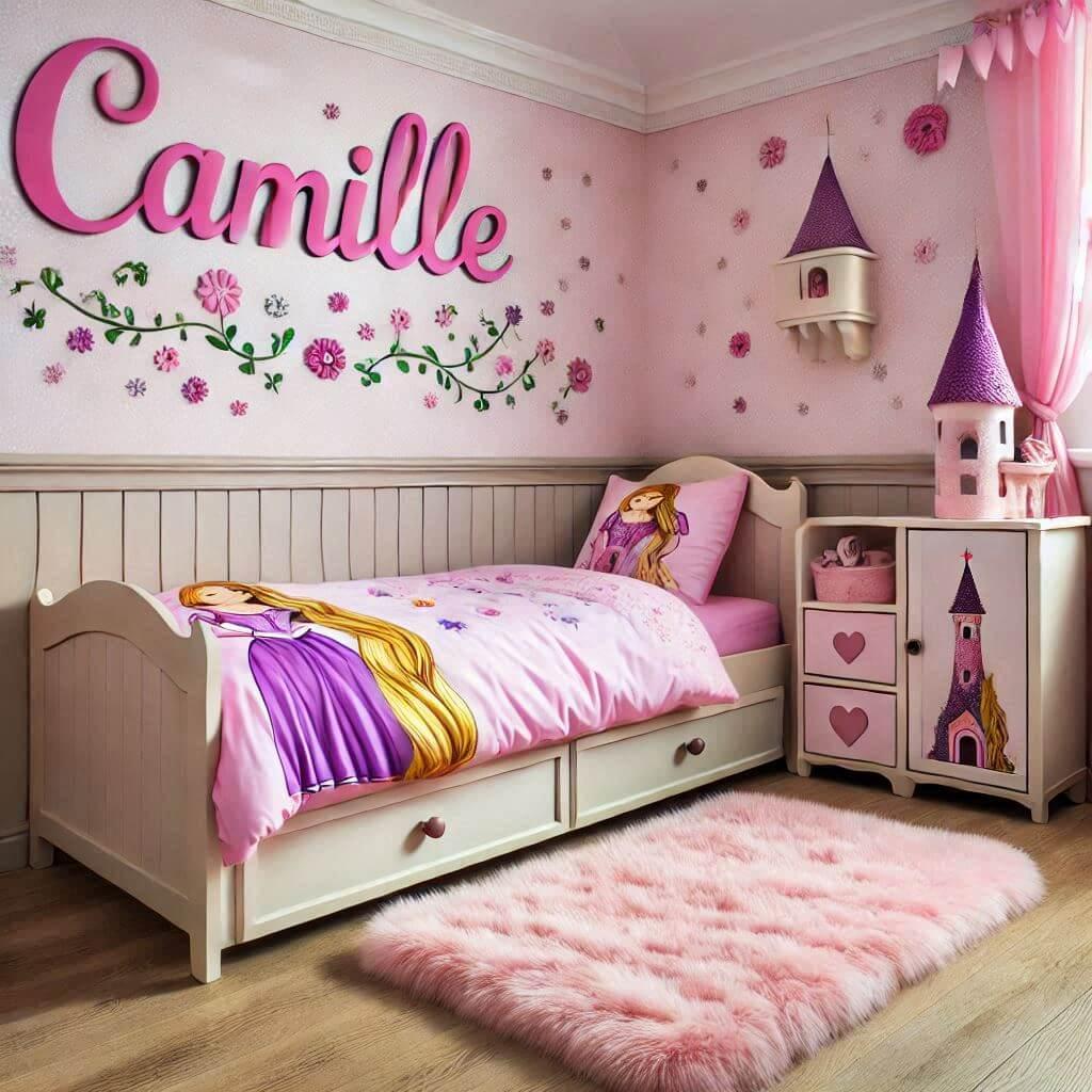 Une chambre de petite fille sur le theme de raiponce avec son prenom camille ecrit en decoration sur le mur lit simple draps motifs raiponce