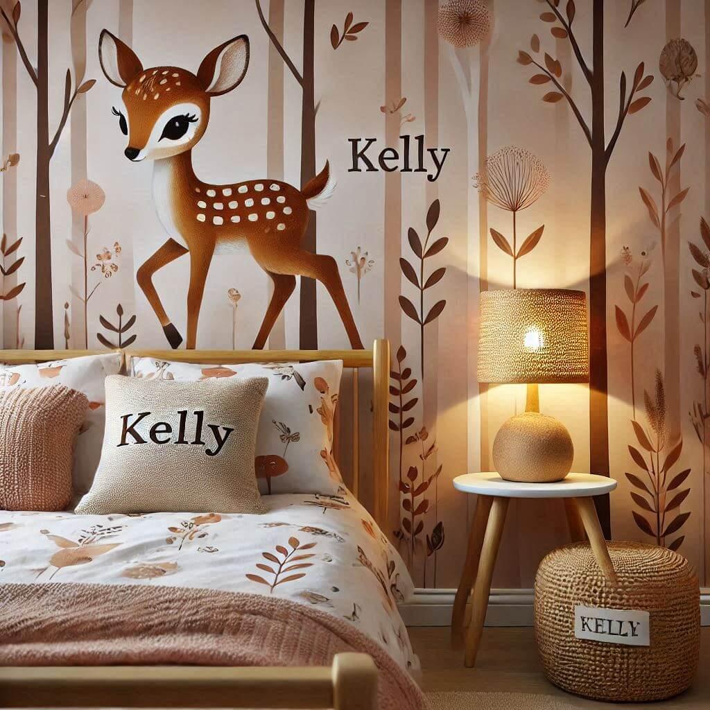 Une chambre de petite fille sur le theme des faons pour une fille nommee kelly sur les draps les murs sont decores de douces illustrations de faons darbres de feuilles et de elemen