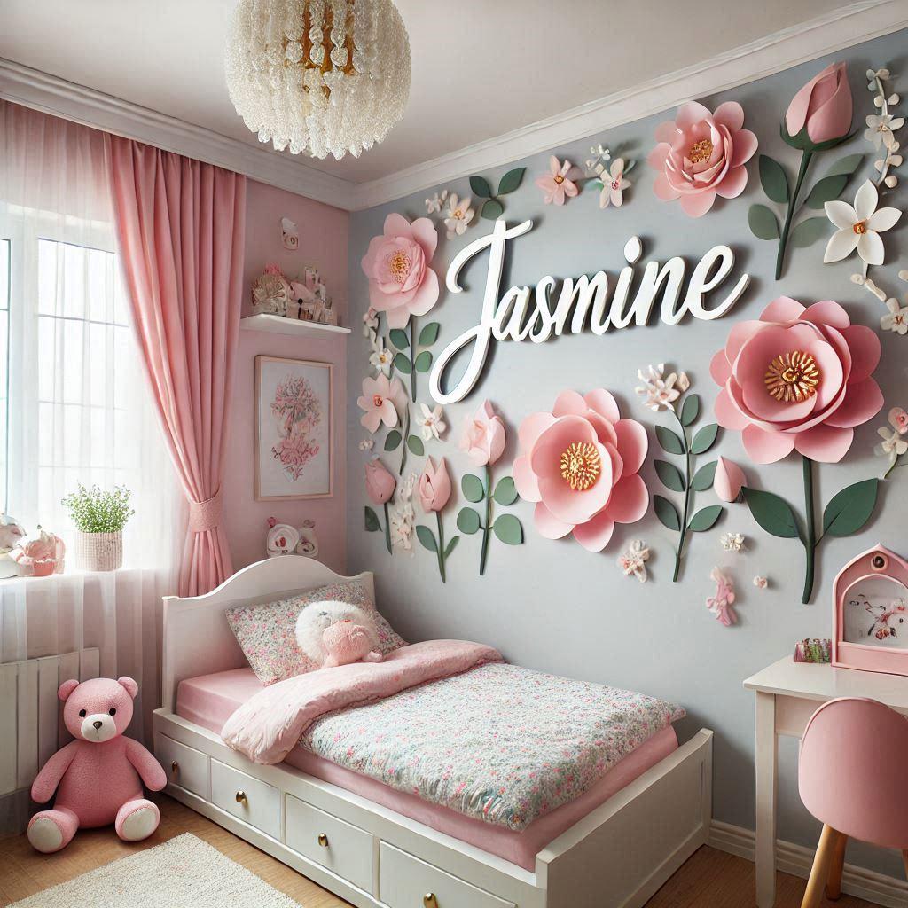 Une chambre de petite fille sur le theme des fleurs avec le prenom jasmine ecrit sur le mur en decoration 1