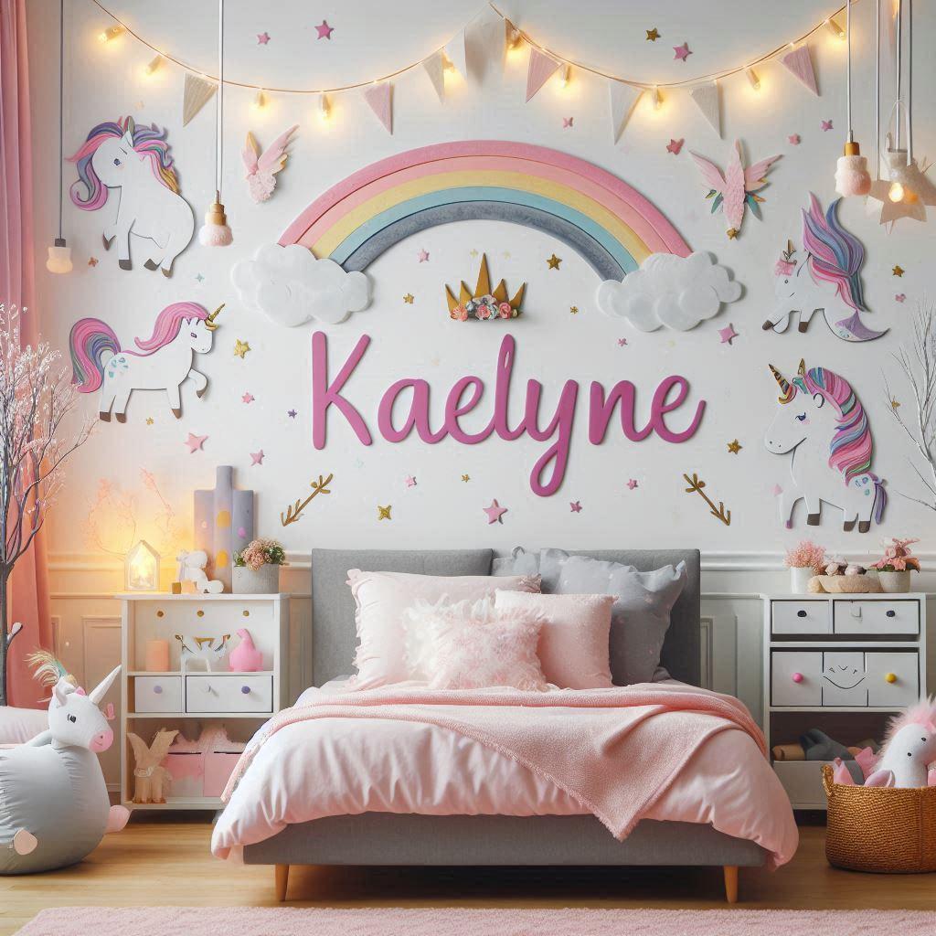 Une chambre de petite fille sur le theme des licornes avec son prenom kaelyne ecrit en decoration sur le mur