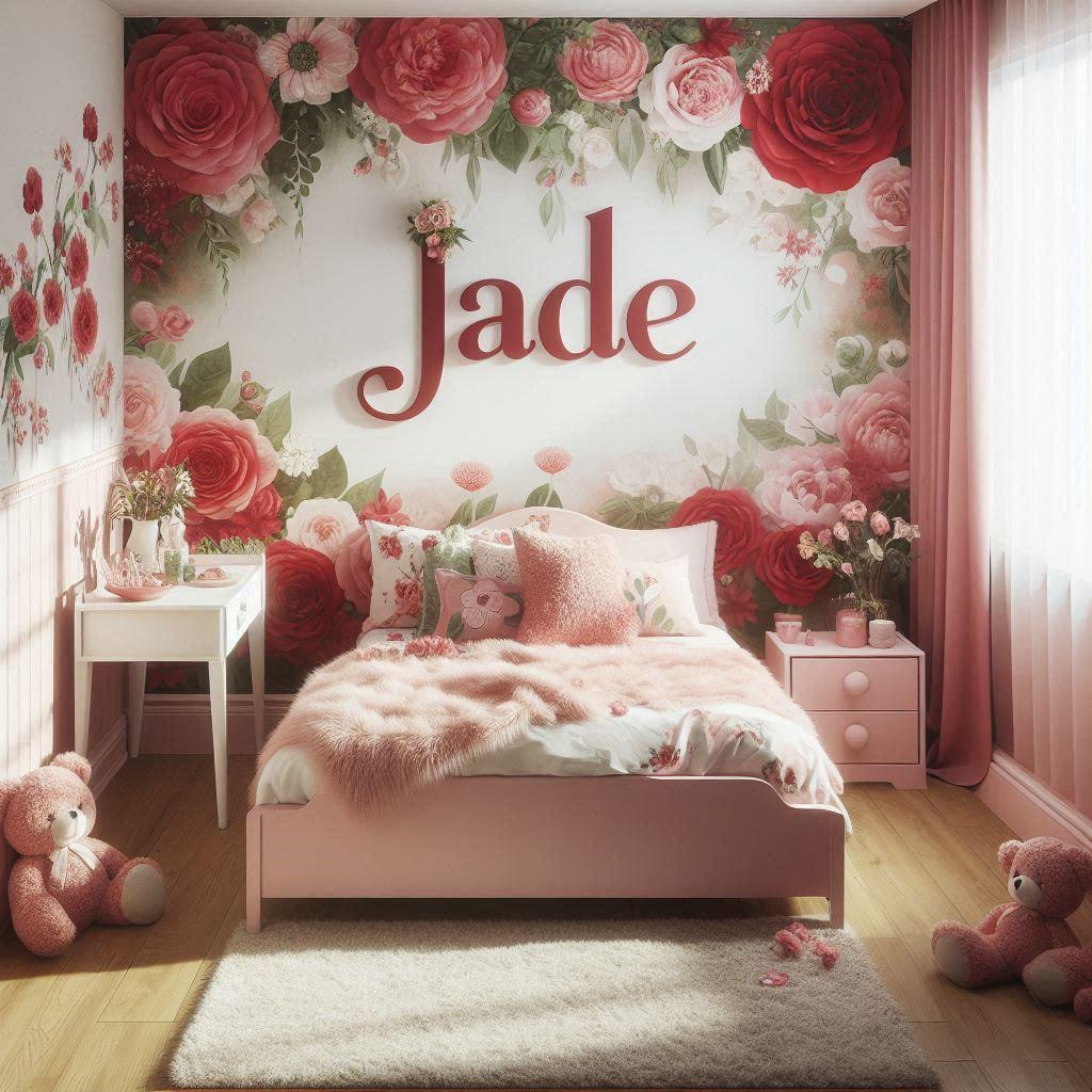 Une chambre de petite fille sur le theme floral avec des roses rouges et des roses clair et il y a son prenom jade ecrit en decoration sur le mur 2