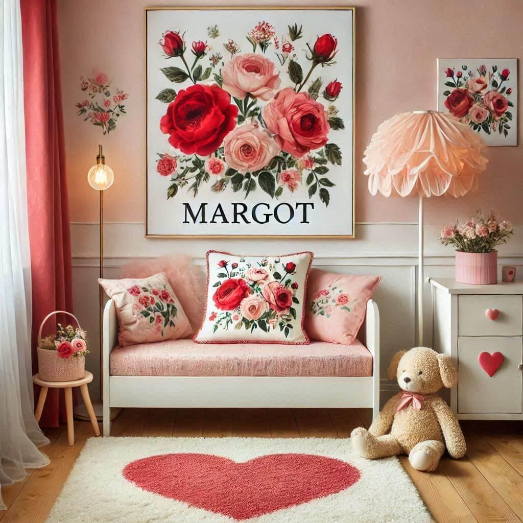 Une chambre de petite fille sur le theme floral avec des roses rouges et des roses claires gros coussin en fleur lampe fleur allumee le prenom margot est ecrit sur une affiche dans