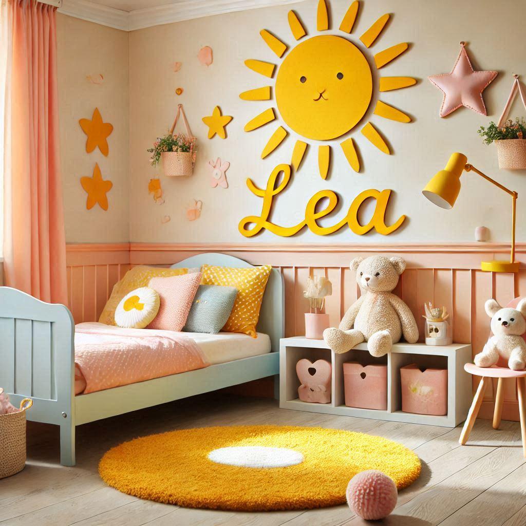 Une chambre de petite fille theme ensoleille avec ecrit lea sur le mur en decoration 1