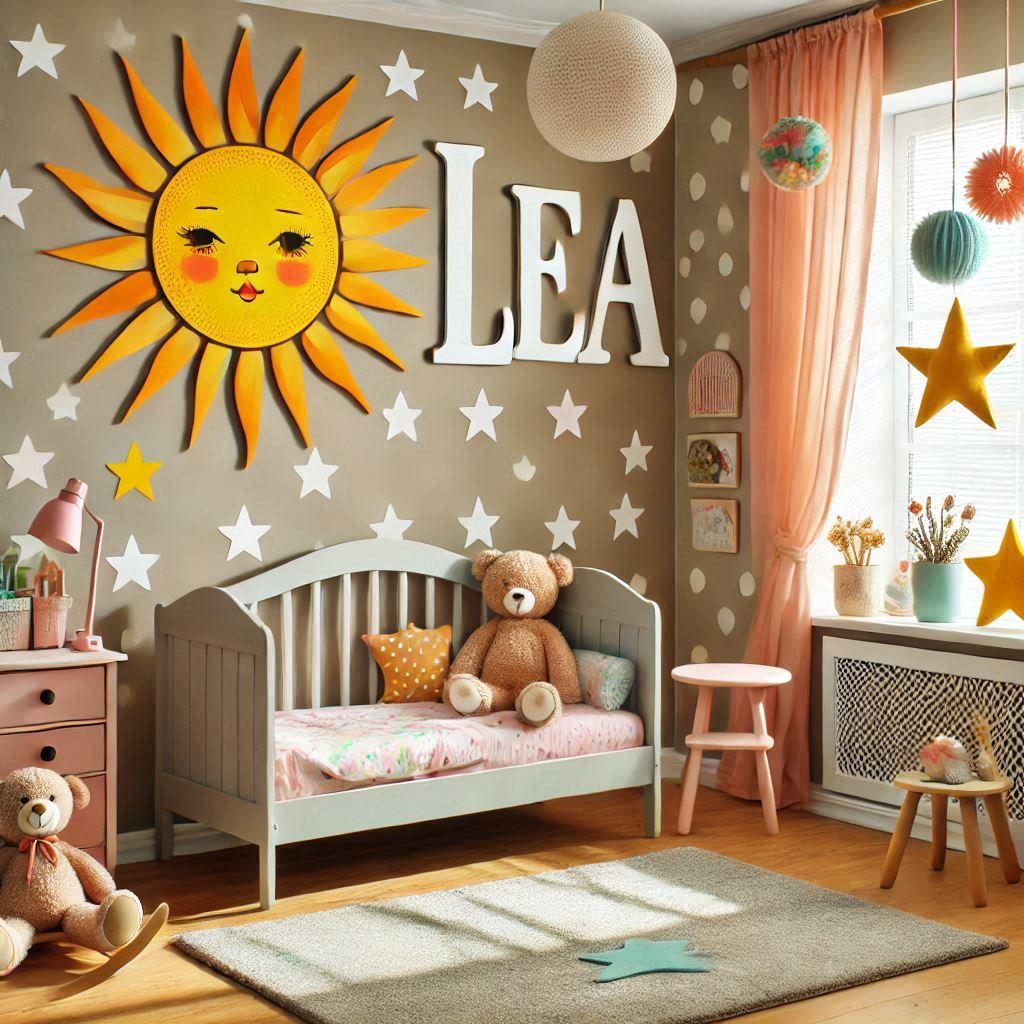 Une chambre de petite fille theme ensoleille avec ecrit lea sur le mur en decoration