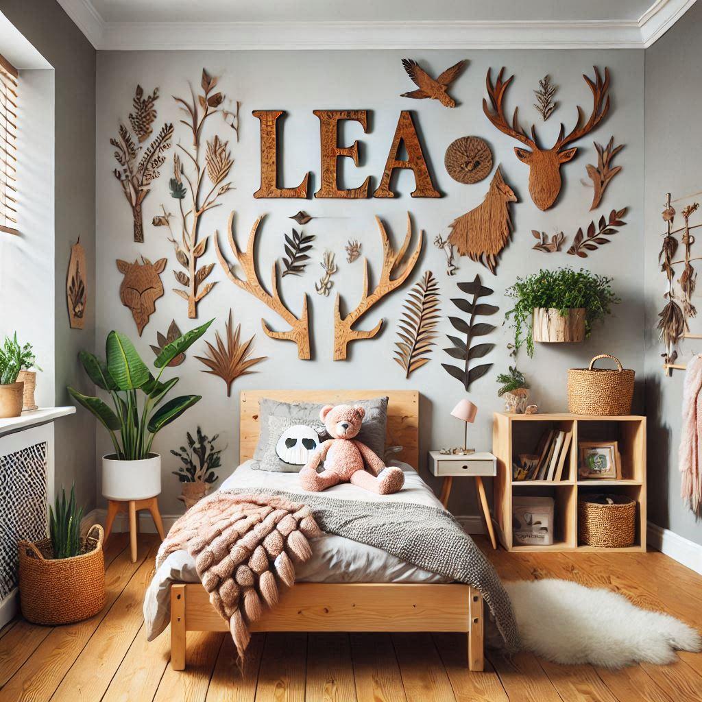 Une chambre de petite fille theme sauvage et bois avec ecrit lea sur le mur en decoration 1