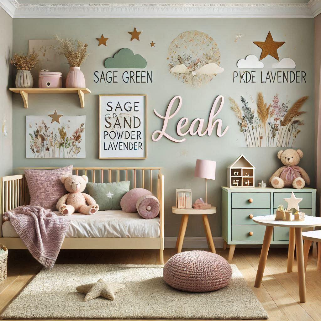 Une chambre de petite fille theme vert sauge beige sable lavande poudree et bleu ciel avec ecrit lea sur le mur