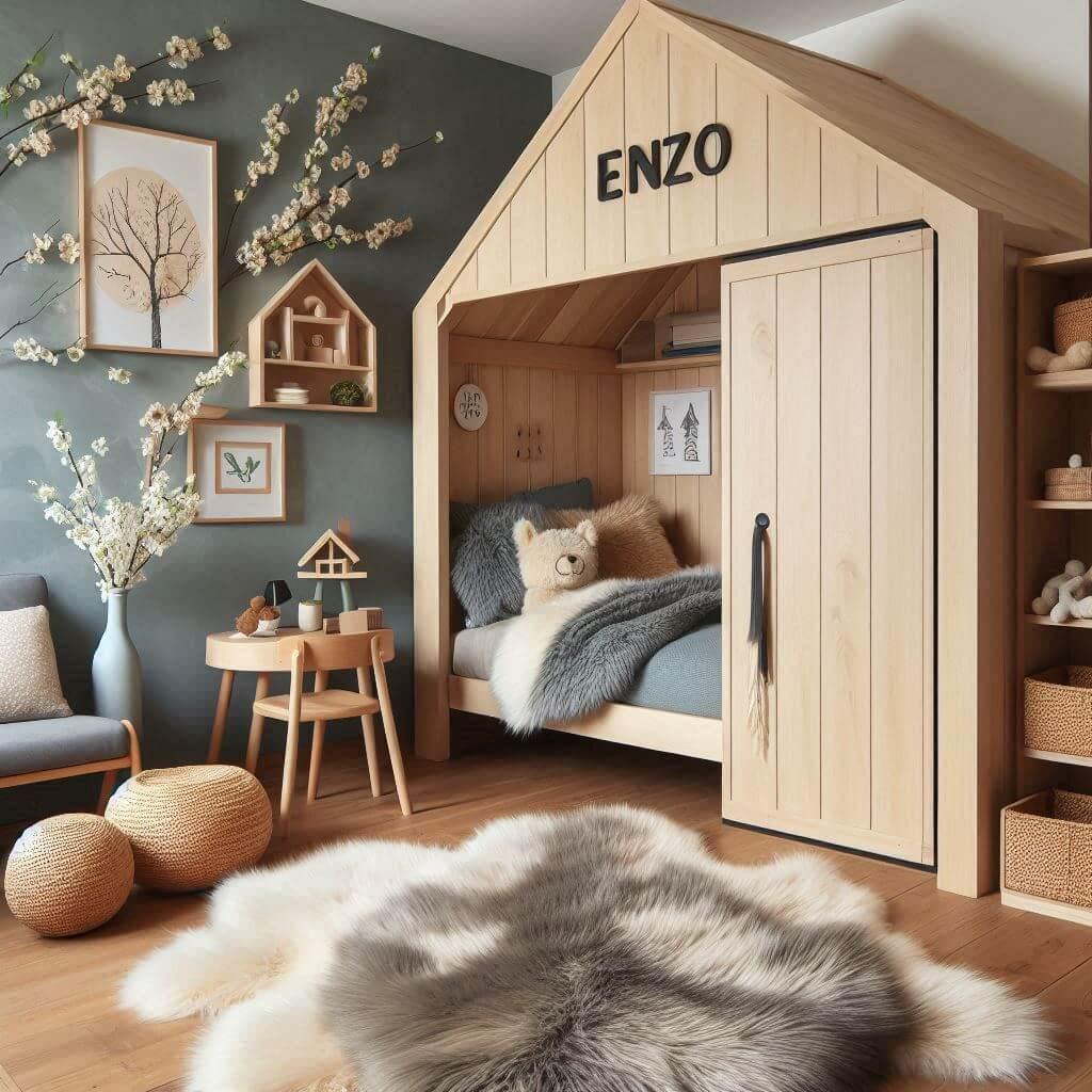 Une chambre de petite garcon qui se nomme enzo avec un lit cabane un tapis de fourure inspire par le printemps 1