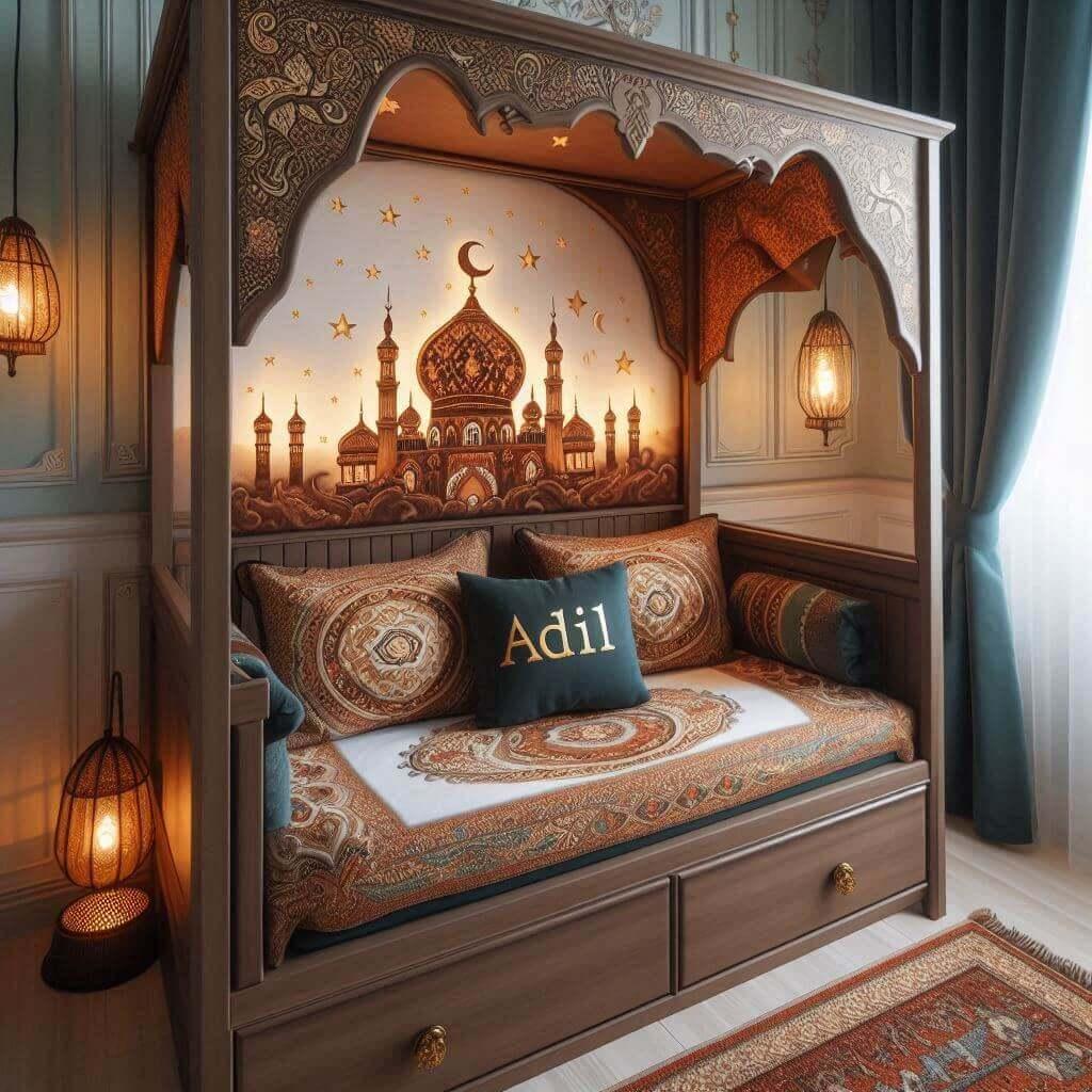 Une chambre denfant avec le prenom adil brode sur le coussin avec un lit cabane sur le theme oriental