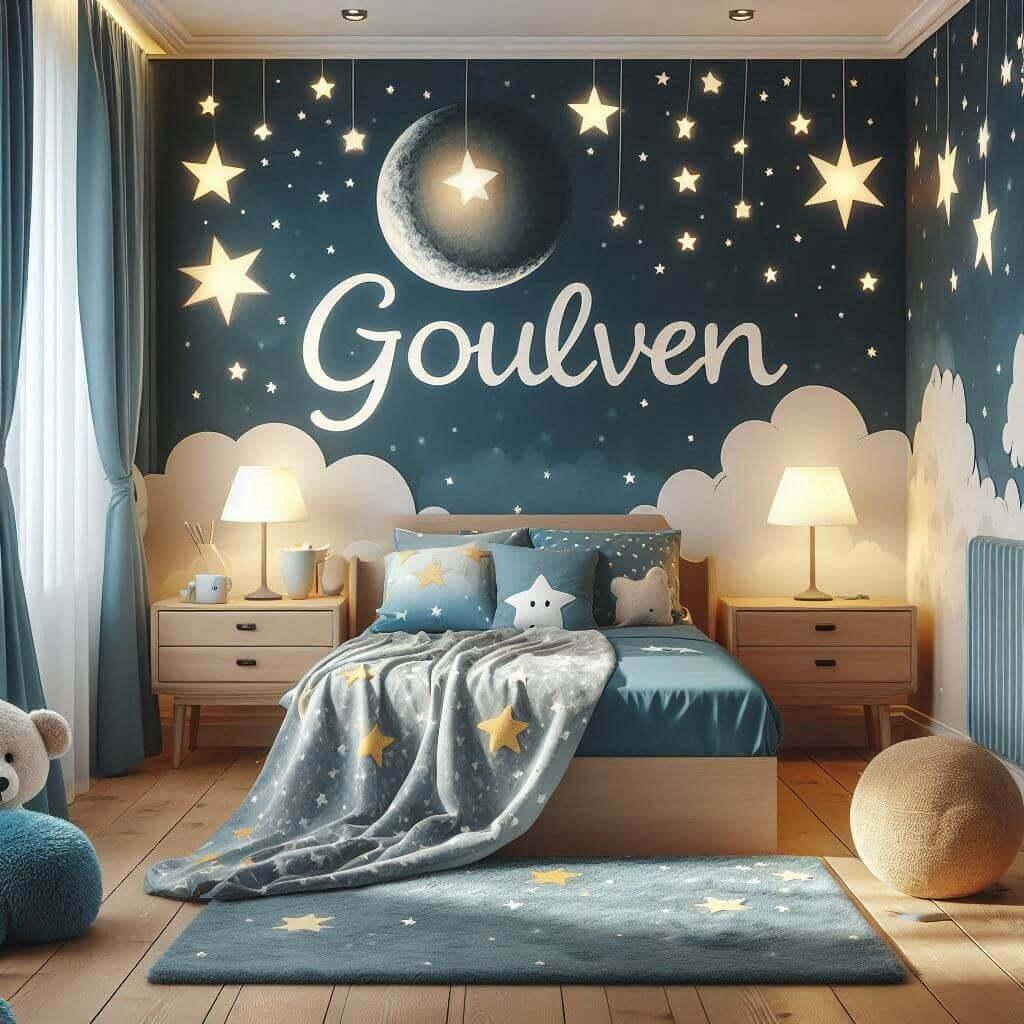 Une chambre denfant avec le prenom goulven avec un lit simple sur le theme de la nuit etoilee