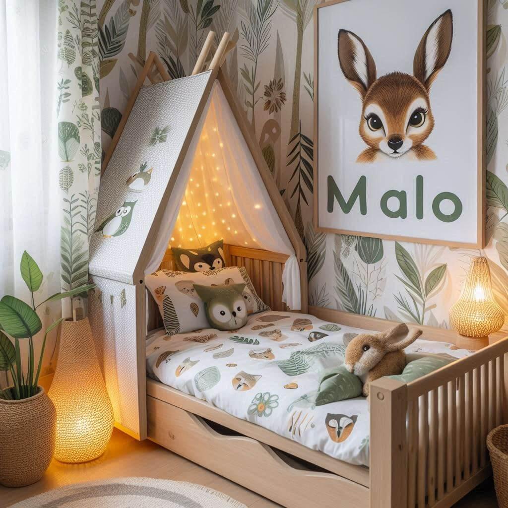 Une chambre denfant avec le prenom malo avec un lit cabane sur le theme bambi de la foret les draps et les rideaux sont des motifs de feuilles de faon de hibou et lapin le prenom m