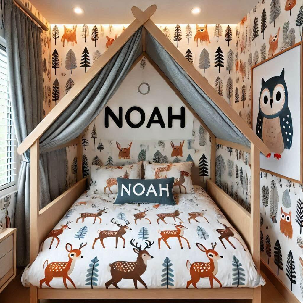 Une chambre denfant avec le prenom noah avec un lit cabane sur le theme de bambi de la foret les draps et les rideaux sont des motifs de feuilles de faon de hibou et de lapin le pr