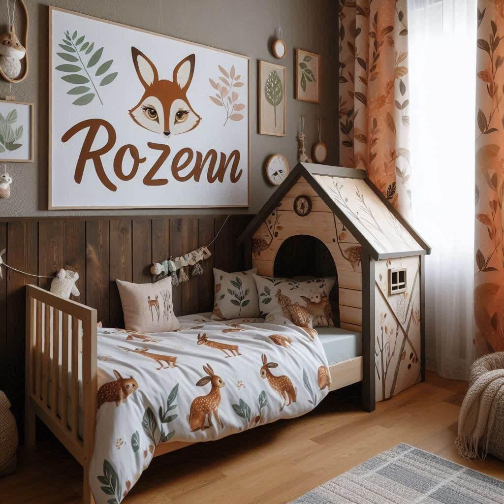 Une chambre denfant avec le prenom rozenn avec un lit cabane sur le theme bambi de la foret les draps et les rideaux sont des motifs de feuilles de faon de hibou lapin le prenom ro