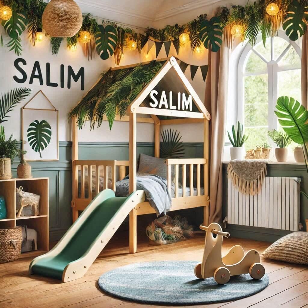 Une chambre denfant avec le prenom salim sur le theme jungle lit cabane petite maison avec un tobogan pour jouer couleurs vives lierre guirlande lumineuse un petit hamac pour jouer