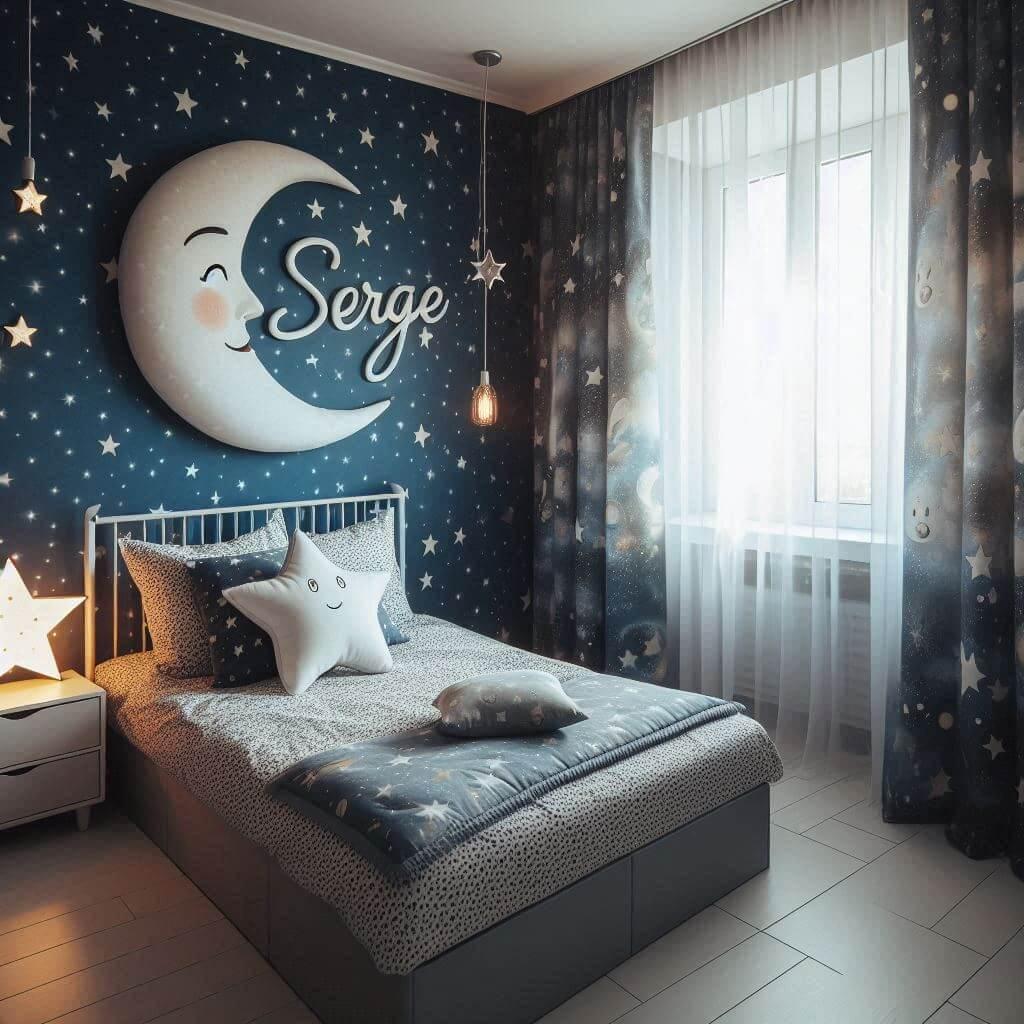 Une chambre denfant avec un lit simple sur le theme du ciel etoile les draps et les rideaux sont des motifs detoiles et de lunes avec le prenom serge ecrit sur un coussin lune