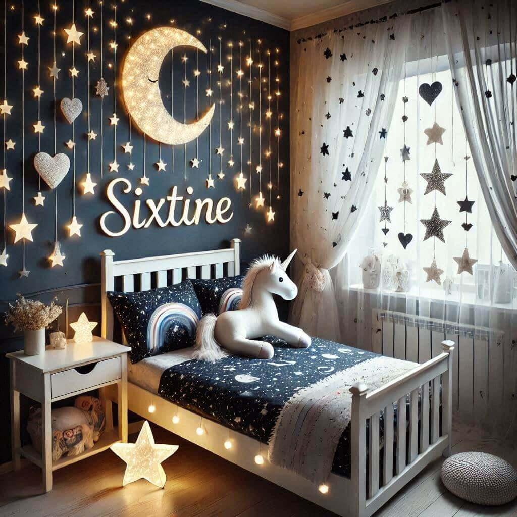 Une chambre denfant avec un lit simple sur le theme du ciel etoile les draps et les rideaux sont des motifs detoiles et de lunes et de c ur une guirlande lumineuse une peluche de l