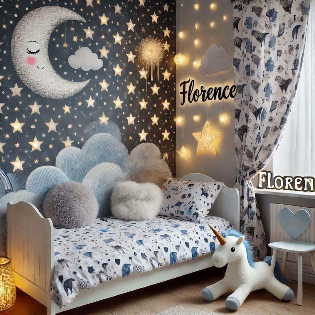 Une chambre denfant avec un lit simple sur le theme du ciel etoile les draps et les rideaux sont des motifs detoiles et de lunes et de c ur une guirlande lumineuse une peluche de l