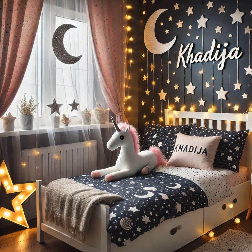 Une chambre denfant avec un lit simple sur le theme du ciel etoile les draps et les rideaux sont des motifs detoiles et de lunes guirlande lumineuse peluche licorne blanc sur le li