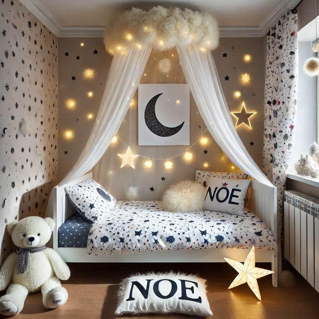 Une chambre denfant avec un lit simple sur le theme du ciel etoile les draps et les rideaux sont des motifs detoiles et de lunes guirlande lumineuse peluche ours blanc sur le lit e