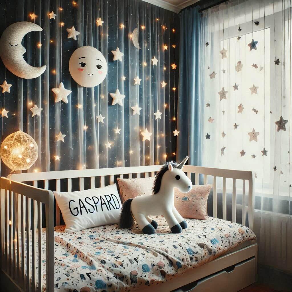 Une chambre denfant avec un lit simple sur le theme du ciel etoile prenom gaspard peluche licorne