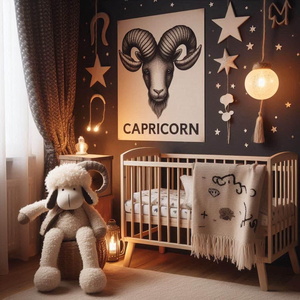 Une chambre denfant inspiree par le signe astrologique capricorne avec un berceau en bois brut un doudou en laine une veilleuse allumee des rideaux avec des motifs etoiles et une a