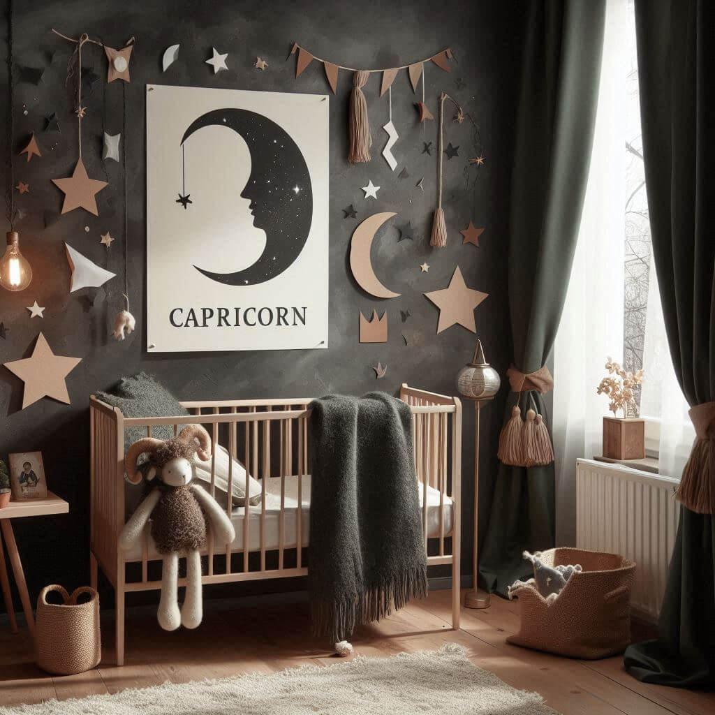 Une chambre denfant inspiree par le signe astrologique capricorne avec un berceau en bois brut un doudou en laine une veilleuse allumee des rideaux avec des motifs etoiles une pale