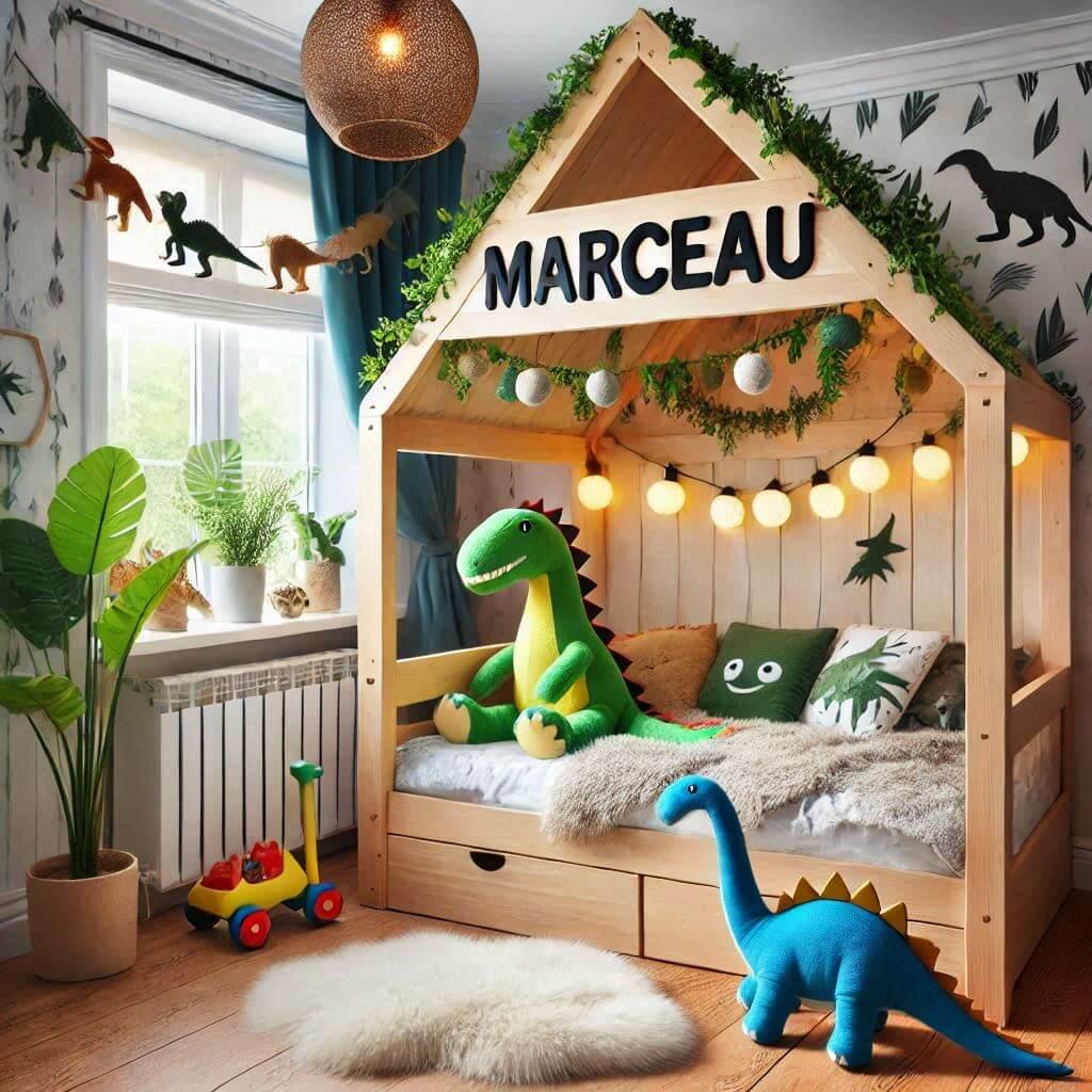 Une chambre denfant personnalisee avec le prenom marceau avec un lit cabane dinosaure des couleurs vives une petite peluche dinosaure sur le tapis en fourrure un coussin dinosaure