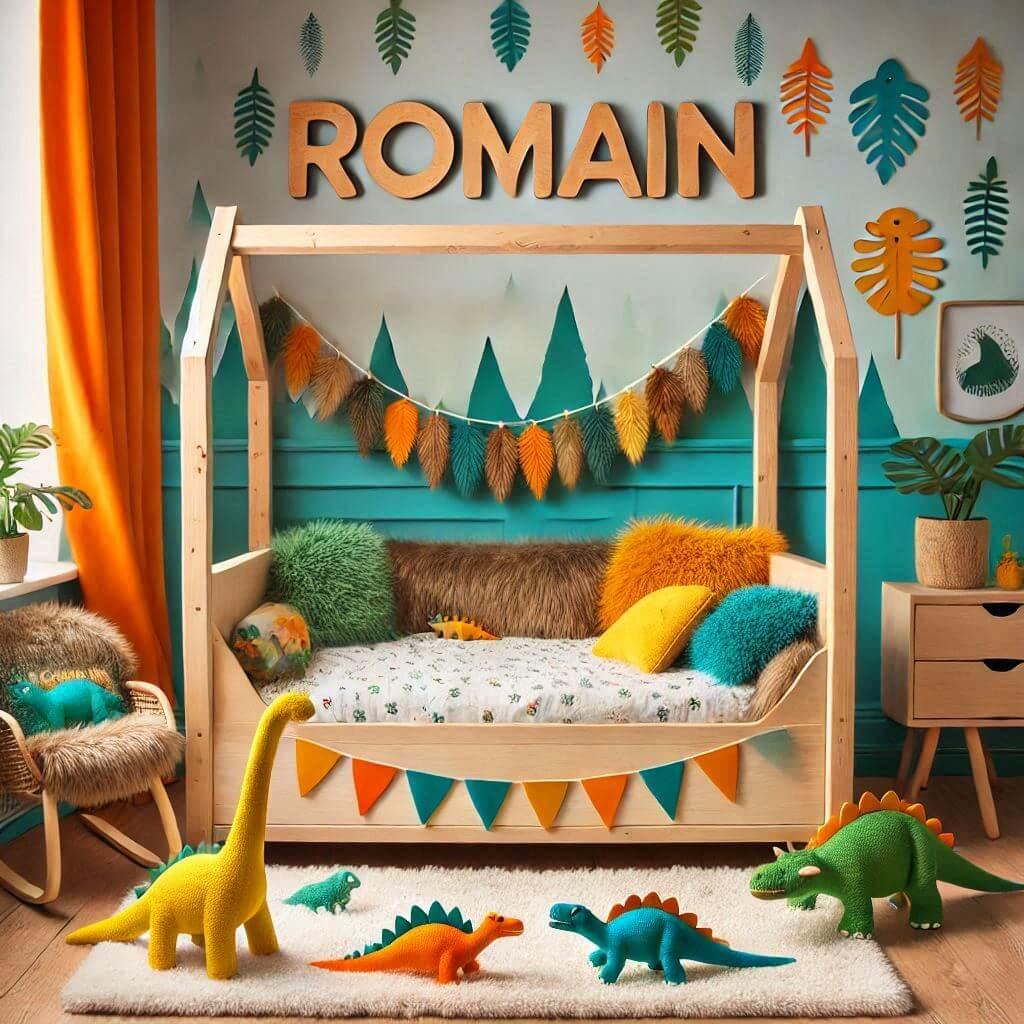 Une chambre denfant personnalisee avec le prenom romain avec un lit cabane dinosaure couleurs vives petite peluche dinosaure sur le tapis en fourure coussin dinosaure