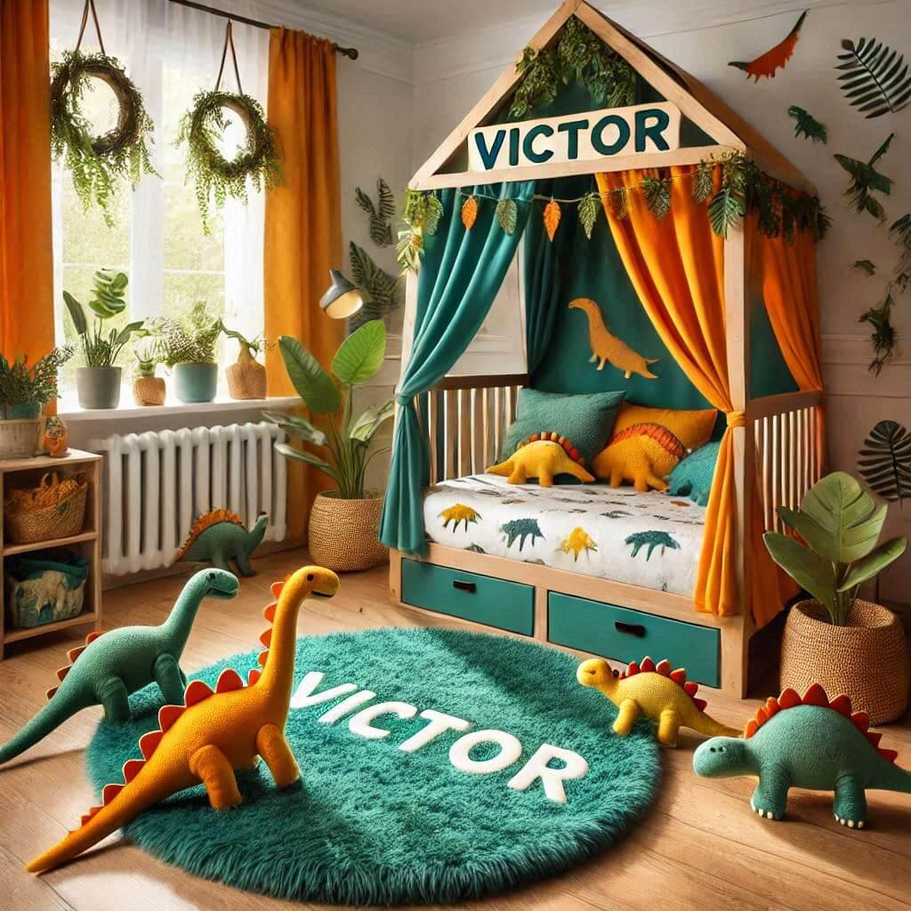 Une chambre de garcon personnalisee avec le prenom victor avec un lit cabane decoration theme dinosaure