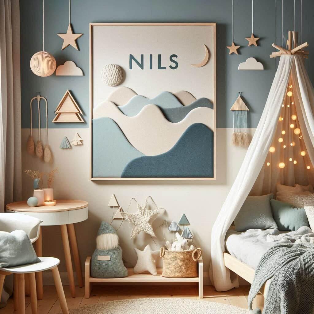 Une chambre denfant portant le prenom nils avec des couleurs apaisantes comme le bleu pastel le gris clair et le blanc casse des materiaux naturels tels que du bois clair de la lai