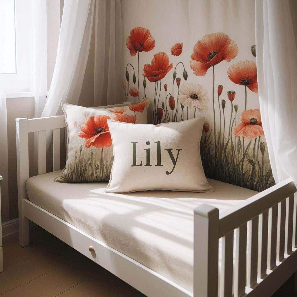 Une chambre denfant realiste decoree de motifs de coquelicots creant une ambiance naturelle et poetique le prenom lily est personnalise sur un coussin ajoutant une touche unique li