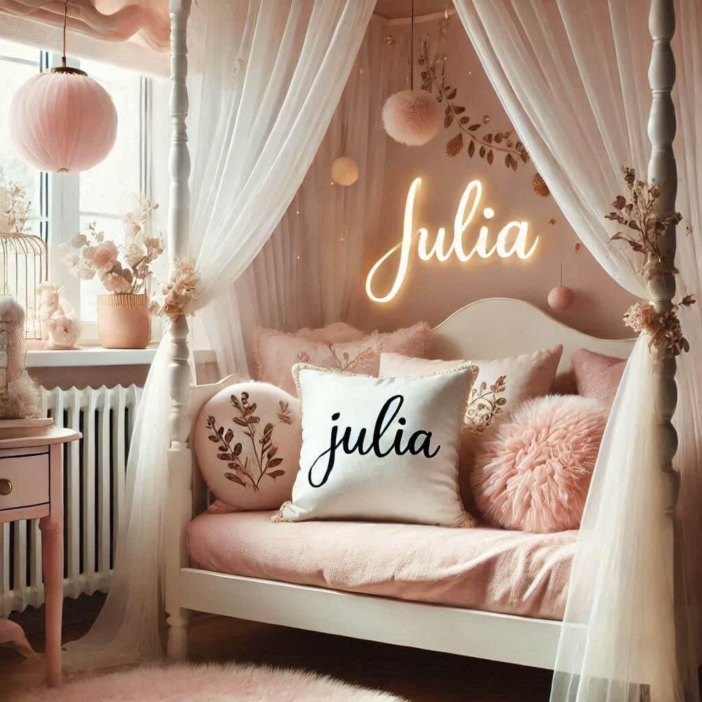 Une chambre denfant romantique et feminine pour julia avec son prenom ecrit sur un coussin des couleurs douces comme le rose poudre le blanc nacre et des touches de dore des rideau