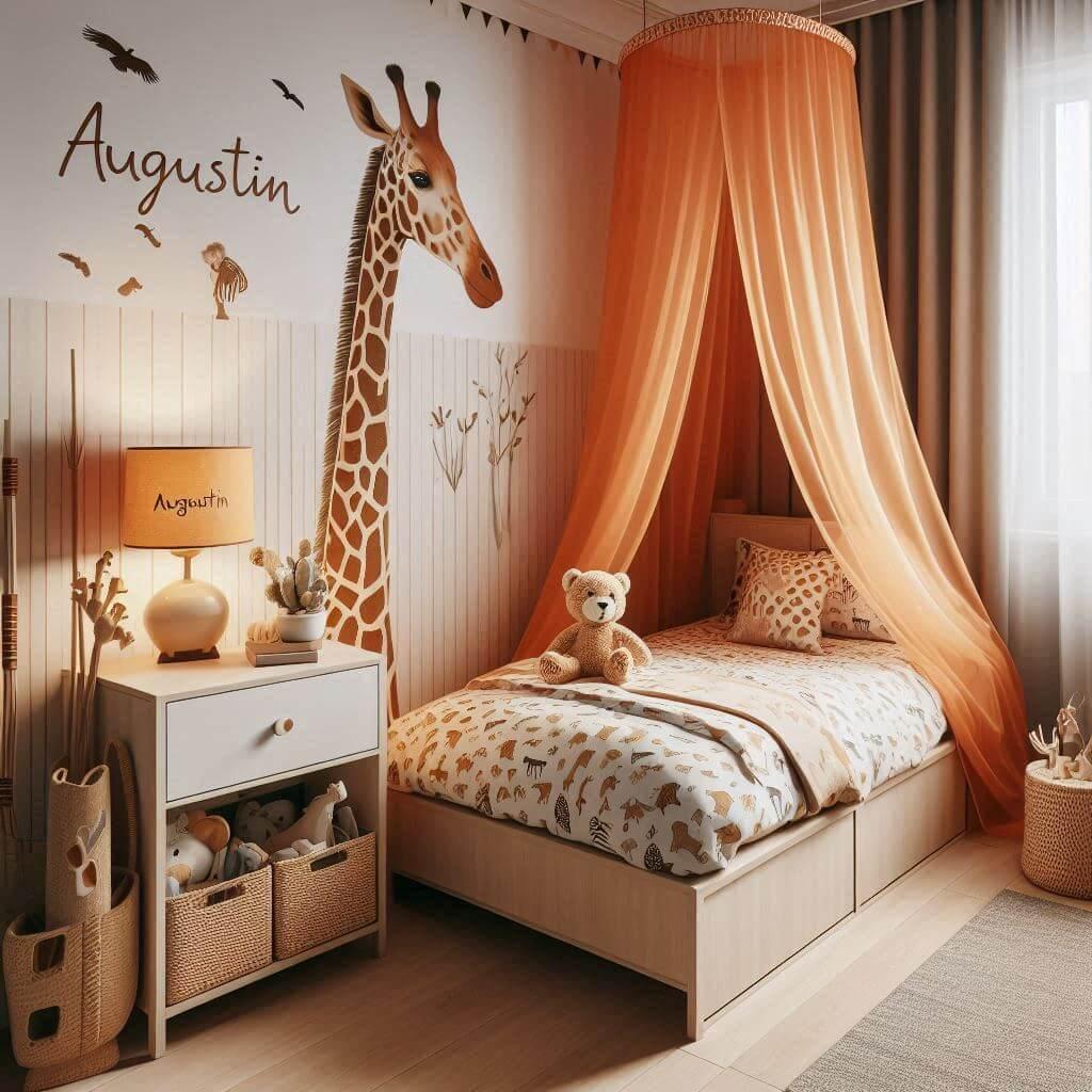 Une chambre denfant sur le theme de la savane un lit simple avec ciel de lit orange draps a motifs animaux et une lampe girafe tamisee les meubles en bois clair un cube de rangemen