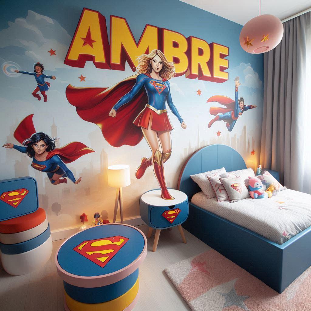 Une chambre denfant sur le theme de supergirl avec le prenom ambre en decoration sur le mur