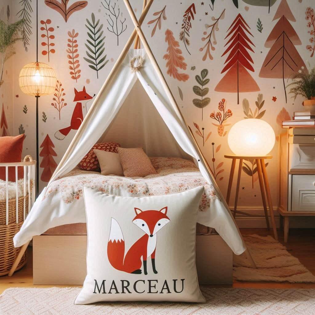 Une chambre denfant sur le theme des renards avec marceau ecrit sur un coussin des murs decores dillustrations douces de renards arbres feuilles et elements de la foret dans des te