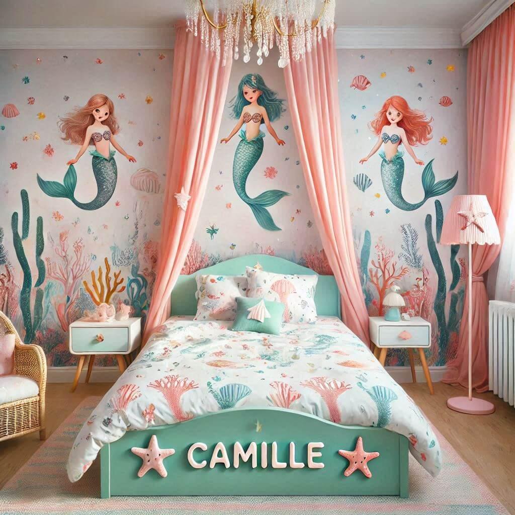 Une chambre denfant sur le theme des sirenes avec le prenom camille