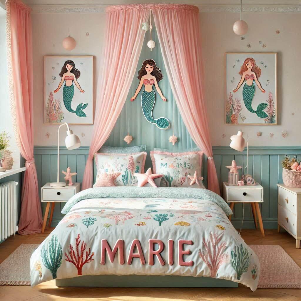 Une belle chambre de petite fille sur le theme des sirenes avec le prenom marie