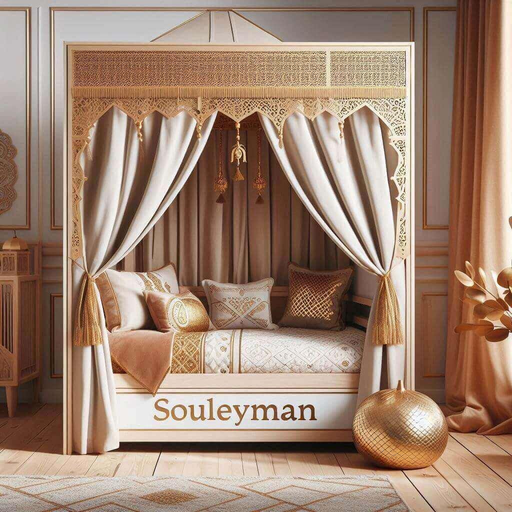 Une chambre denfant sur le theme oriental avec un lit cabane decore de voilages aux motifs dores le prenom souleyman ecrit en francais sur un coussin couleur or beige cuivre et bla