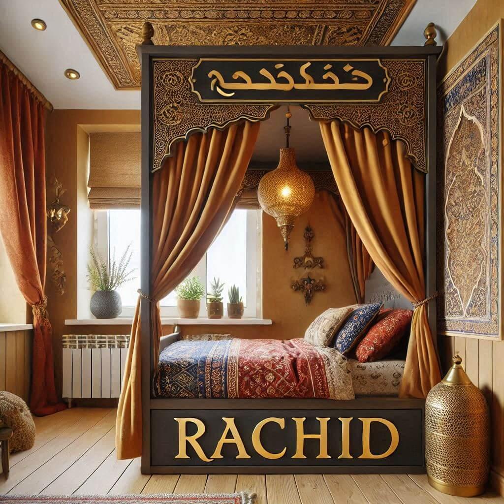 Une chambre denfant sur le theme oriental avec un lit cabane decore de voilages aux motifs dores le prenom rachid sur un coussin