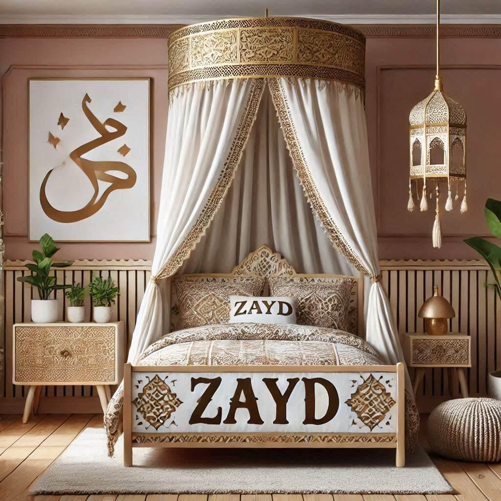 Une chambre denfant sur le theme oriental avec un lit cabane decore de voilages aux motifs dores le prenom zayd sur un coussin