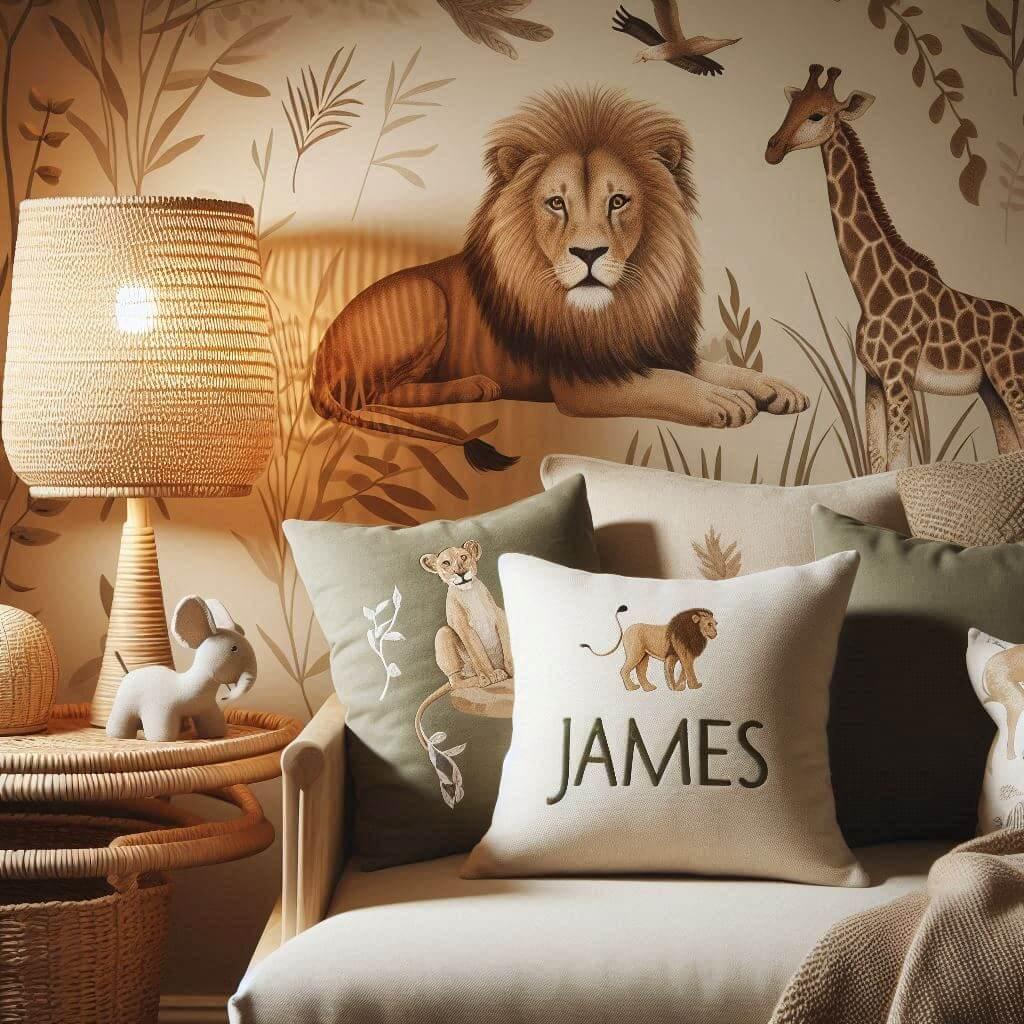 prenom james, Une chambre denfant theme animaux et safari avec des lions girafes et elephants des couleurs naturelles comme le beige le vert et le brun des motifs de feuillages