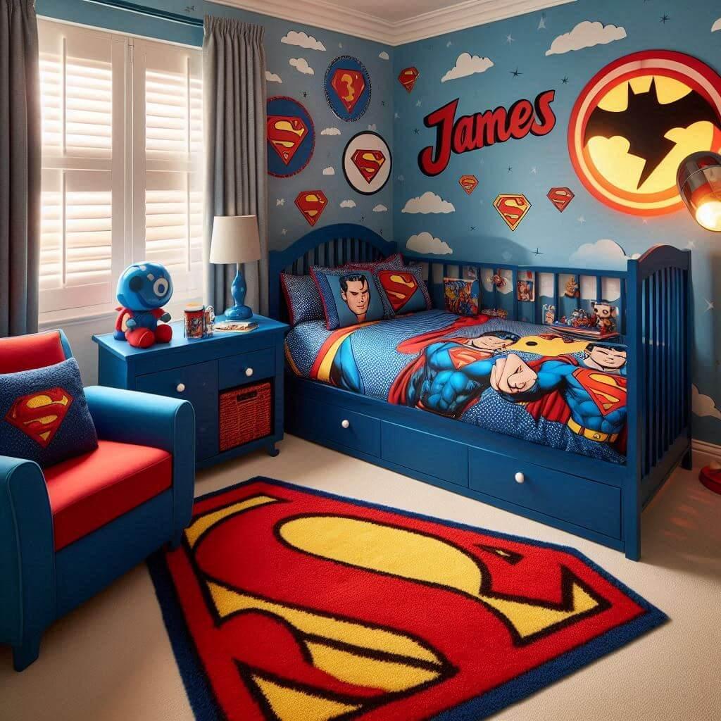 Une chambre denfant theme super heros et bd avec des couleurs bleu rouge et jaune des stickers muraux et literie avec les emblemes des heros le prenom james ecrit sur un tapis et u