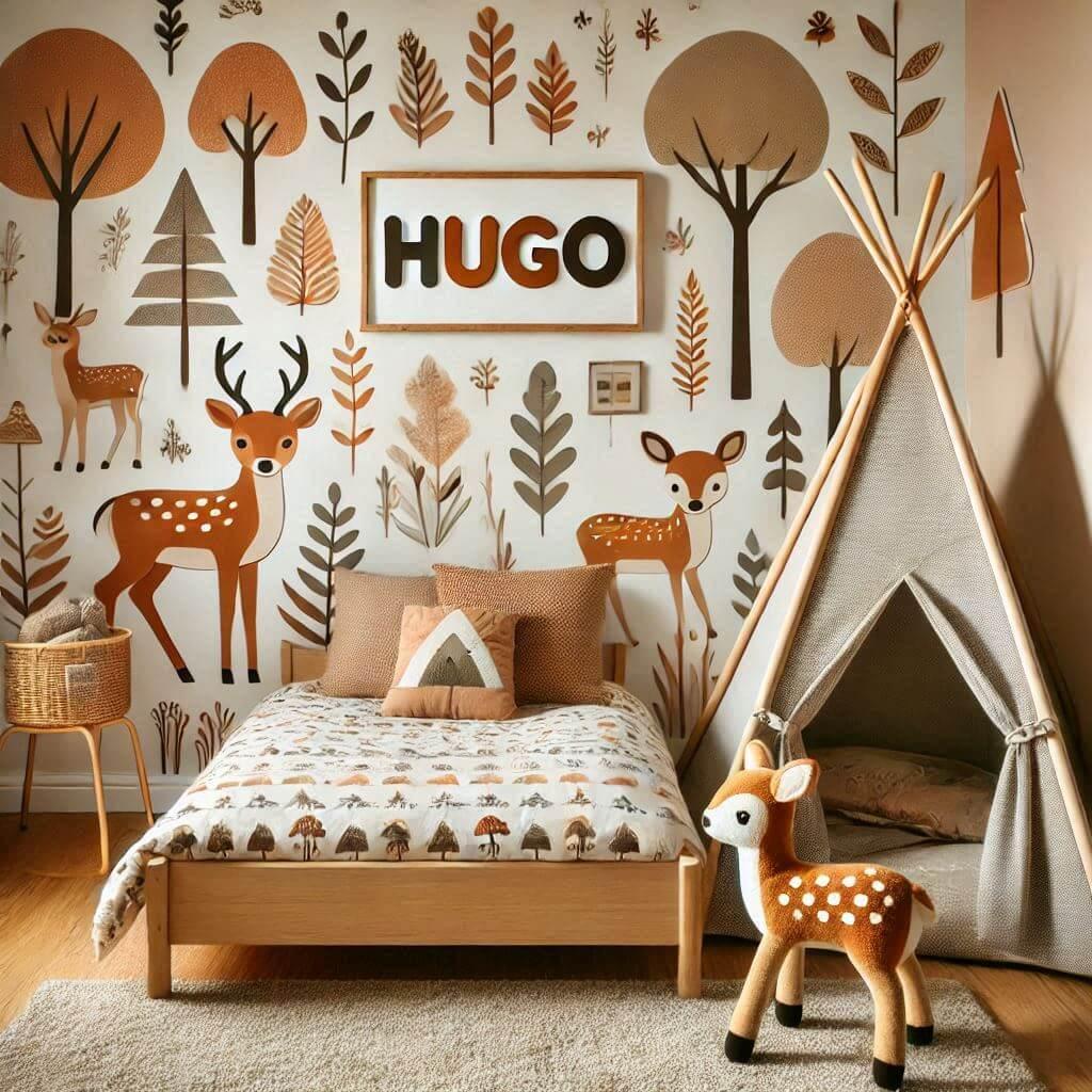 chambre enfant sur le theme des faons pour un garcon nomme hugo les murs sont decores de douces illustrations de faons d arbres de feuilles et d elements forestiers