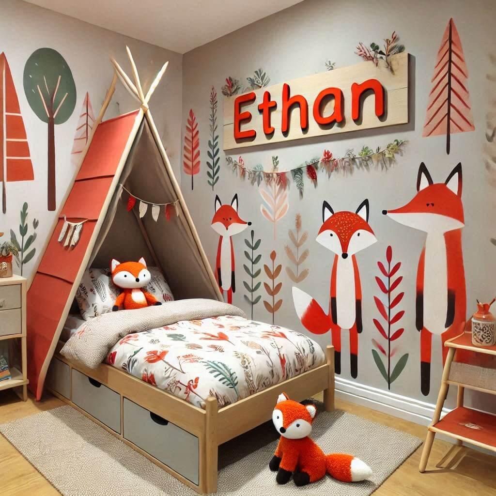 Une chambre enfant sur le theme des renards pour un garcon nomme ethan, tapisserie automne