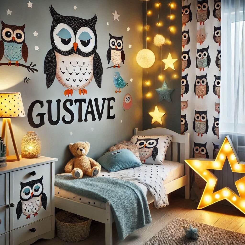 chambre enfant theme animaux hiboux, prenom auguste