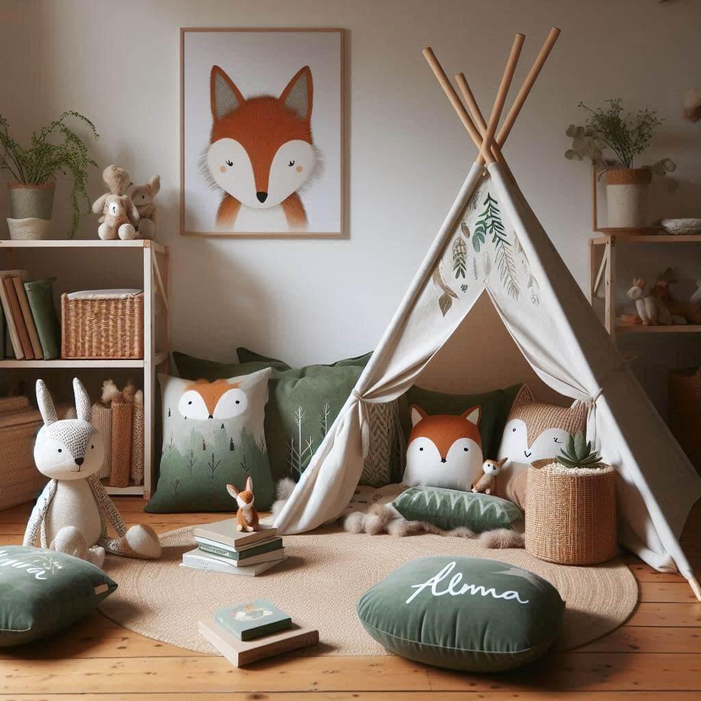 Une chambre douce et naturel inspire par la foret avec un tipi des coussins en forme de petits animaux de la foret comme des renards et des lapins des couleurs de vert et marron un