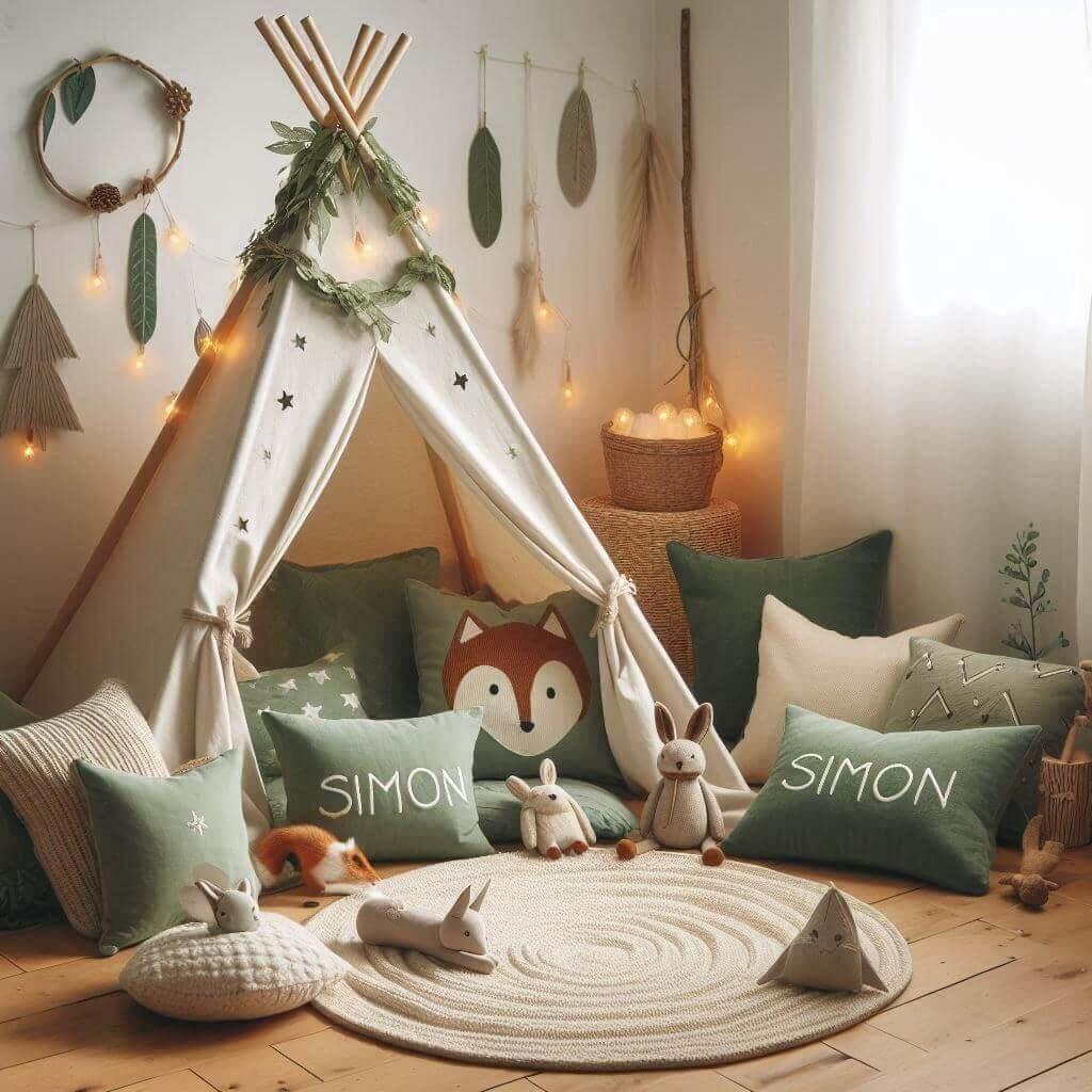 Une chambre douce et naturel inspire par la foret avec un tipi des coussins en forme de petits animaux de la foret comme des renards et des lapins des couleurs de vert et marron un